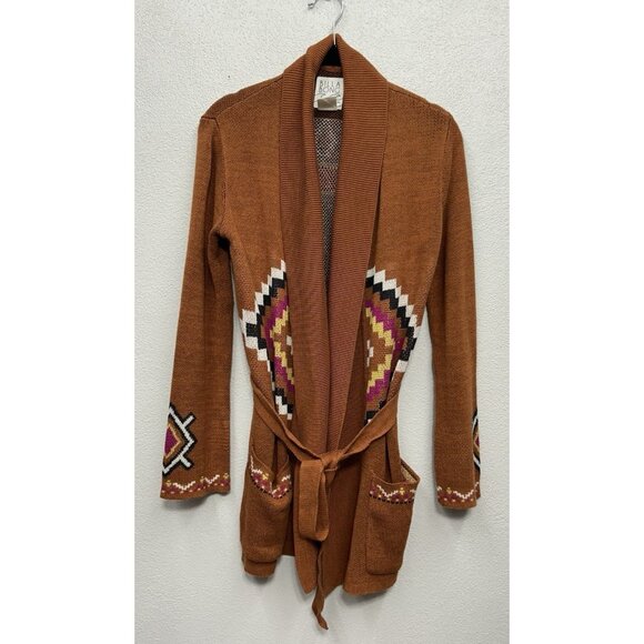 Billabong Open Cardigan Sweater Small Orange Tribal Southwestern Aztec Belted - Picture 1 of 7